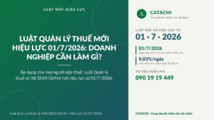 Infographic Catachi tóm tắt Luật Quản lý thuế 2026 số 108/2025/QH15 hiệu lực 01/7/2026 với các mốc 0,03% mỗi ngày, 05 năm khai bổ sung và 90 ngày cưỡng chế