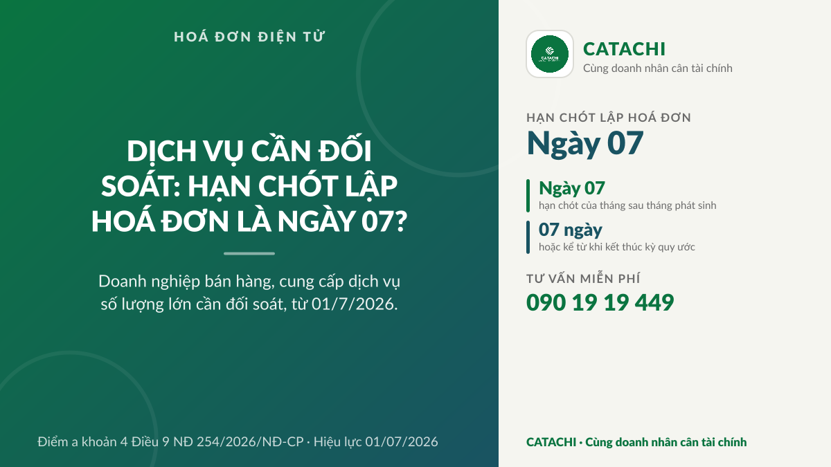 Dịch vụ cần đối soát: hạn chót lập hoá đơn là ngày 07 của tháng sau 1 Hạn chót lập hoá đơn ngày 07 của tháng sau cho dịch vụ cần đối soát theo Nghị định 254/2026/NĐ-CP